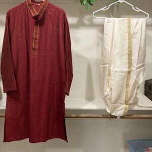 Silk maroon kurta with cream doti